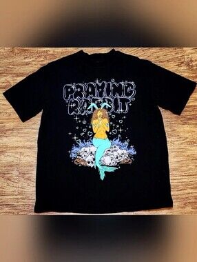 Black Short-Sleeve Graphic Tee with Praying Mermaid Print - PRAYING RABBIT